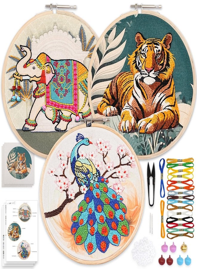 picknMAKE Combo of 3 Full DIY Hand Embroidery Kits for Beginners | Cross Stitch Kit for Adults & Kids | Pre-Printed Fabric Panels with Threads, Needles, Hoop, Sequins & Instruction Guide - Image 1
